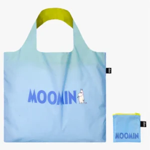 The MOOMIN Family Adventures - LOQI is a light blue reusable shopping bag with a small Moomin print, inspired by Estonian design. It features yellow inner handles and comes with a matching pouch—ideal for shopping in Tallinn. Gate21.ee