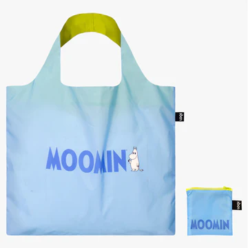 The MOOMIN Family Adventures - LOQI is a light blue reusable shopping bag with a small Moomin print, inspired by Estonian design. It features yellow inner handles and comes with a matching pouch—ideal for shopping in Tallinn. Gate21.ee