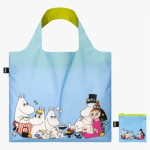 The MOOMIN Family Adventures - LOQI is a light blue reusable shopping bag with Moomin cartoon characters sitting together and comes with a matching small zipped pouch—an ideal curated piece for any concept shop. Gate21.ee