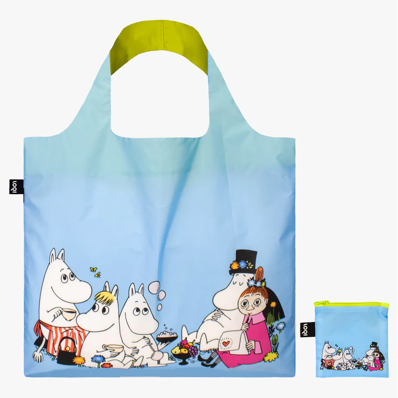 The MOOMIN Family Adventures - LOQI is a light blue reusable shopping bag with Moomin cartoon characters sitting together and comes with a matching small zipped pouch—an ideal curated piece for any concept shop. Gate21.ee