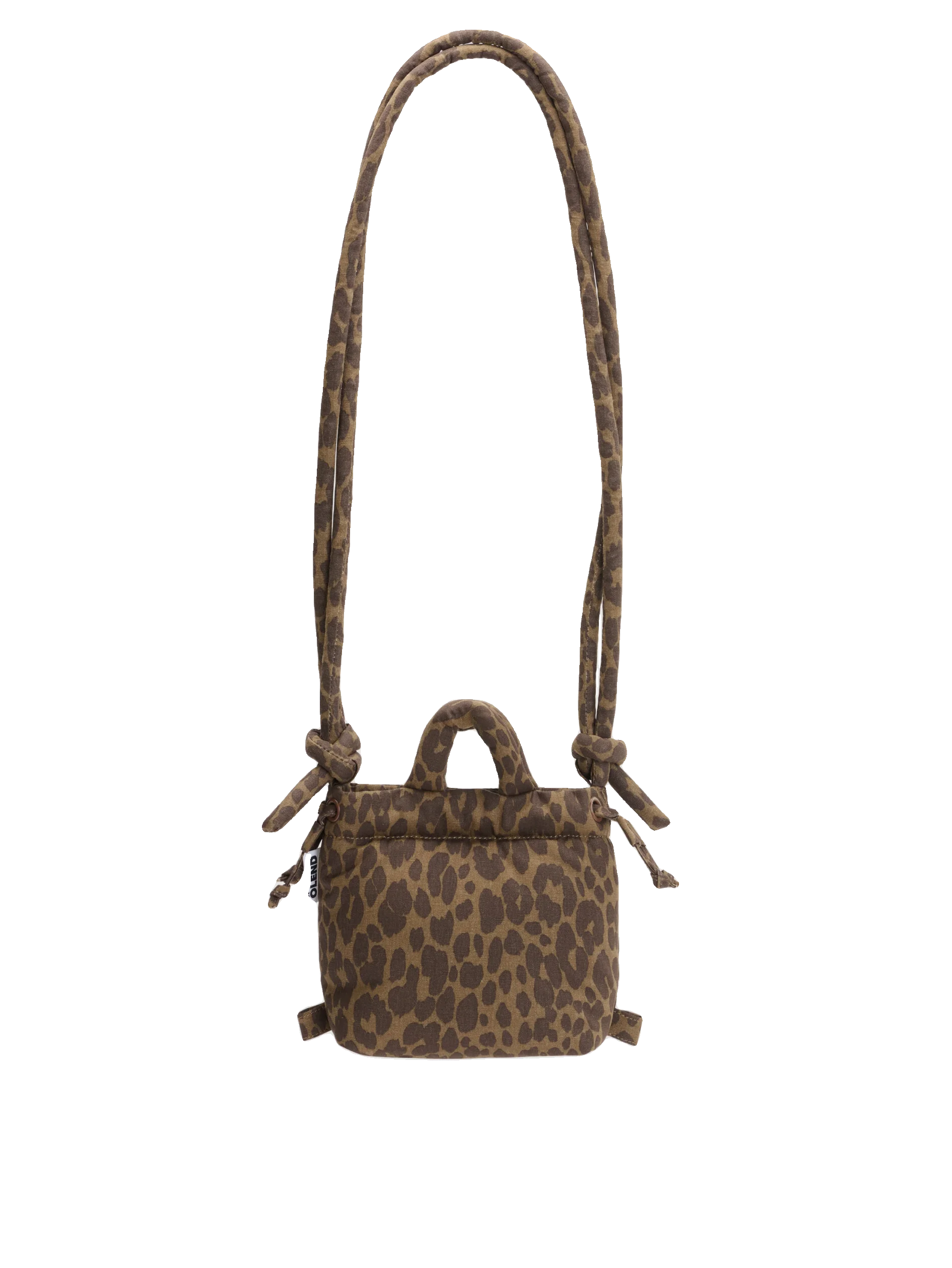 The Micro Ona Soft Bag - Leopard features a brown base with black leopard print, two knotted shoulder straps, a top handle, and a zip fastening—an eye-catching piece of Estonian design on a plain white background. Gate21.ee