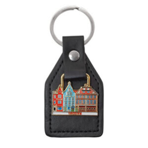 Introducing the Tallinn suveniirid - Leather Keyring: a sophisticated black leather accessory featuring a metal charm adorned with vibrant buildings and the word &ldquo;TALLINN&rdquo; at the base. Capturing the essence of Tallinn&rsquo;s cityscape, this stylish keyring from Estonia is both practical and a delightful keepsake&mdash;an ideal addition to any collection of Tallinn suveniirid. Gate21.ee