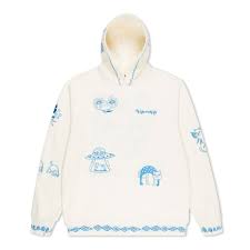 The Blonded hoodie - Off White features light blue cartoon-style Star Wars: The Mandalorian designs, a front pocket, and a hood. Displayed on a plain background, it’s perfect for gift shops and unique ideas for fans. Gate21.ee