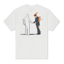 The Burn Tee - Bone is a white T-shirt with a unique Estonian graphic: a white cat shaking hands with a person in a suit who’s on fire, centred on the back—perfect for adding flair to any concept store or gift shop. Gate21.ee