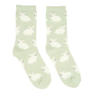 A pair of grey cotton socks named "Rabbits," featuring a repeating white bunny pattern with pink ears and black details. The subtle scalloped edge adds charm—ideal for fans of curated accessories and unique ideas. Gate21.ee