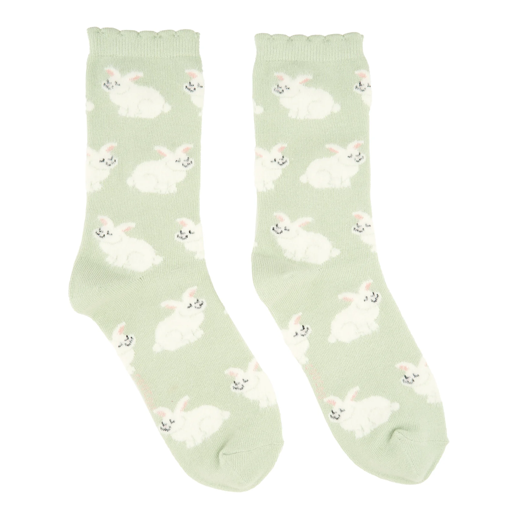 A pair of grey cotton socks named "Rabbits," featuring a repeating white bunny pattern with pink ears and black details. The subtle scalloped edge adds charm—ideal for fans of curated accessories and unique ideas. Gate21.ee