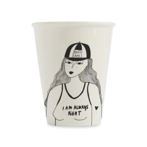The Boss Lady cup is a white mug with a black line drawing of a woman in a "Boss Lady" cap and an "I am always right" vest, plus a small heart by her arm—a unique Estonian design ideal for Tallinn shopping enthusiasts. Gate21.ee