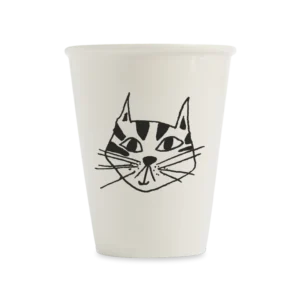 The Kitty cup is a white mug with a minimalist black line drawing of a cat’s face—complete with stripes, whiskers, and upright ears—offering a charming Estonian design that makes a unique gift shop idea. Gate21.ee