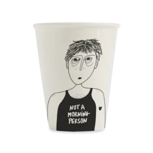 The Not a Morning Person cup features a black line drawing of a tired figure with messy hair and droopy eyes in a NOT A MORNIN PERSON vest&mdash;an ideal unique gift for concept shop shoppers. Gate21.ee