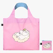 The MOOMIN Cloud Adventures - LOQI features a pink reusable shopping bag with blue handles and a white cartoon hippo on a cloud, plus a matching small pouch—an ideal unique find for gift shop enthusiasts. Gate21.ee