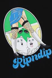 Illustration of a person in a blue skirt and fishnet tights standing over two surprised white cartoon cats. Inspired by concept store culture, "Ripndip" is in blue script at the bottom. Product: Nermal Fest Tee - Black. Gate21.ee