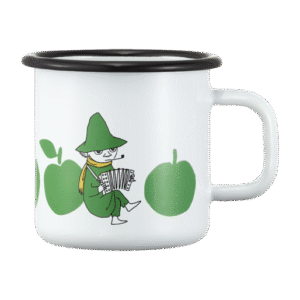 The Joyful Apples - Moomin enamel mug 3.7dl features a cartoon character in a green hat playing an accordion amid three large green apples—a charming find for any Tallinn shopping or gift shop enthusiast. Gate21.ee