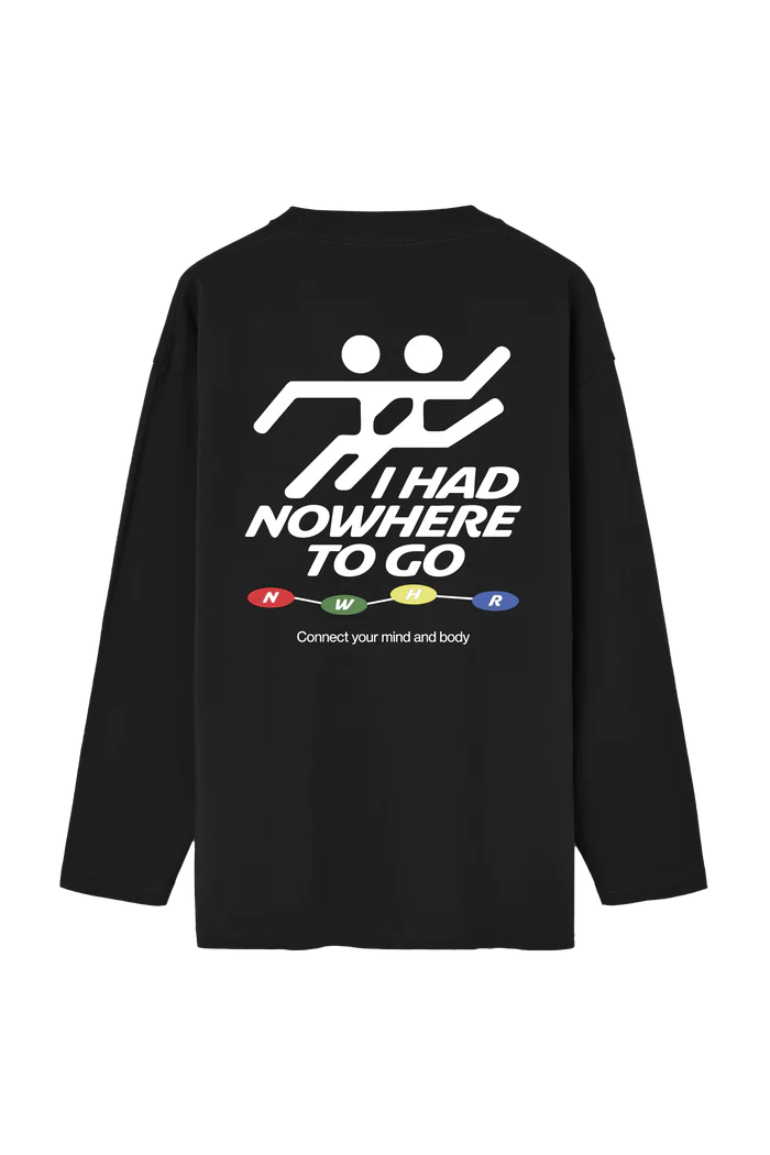 The NWHR TO GO T-shirt - Black is a long-sleeve shirt with an Estonian design: two stylised runners, bold white text "I HAD NOWHERE TO GO," and coloured circles labelled N, W, W, R to connect mind and body. Gate21.ee
