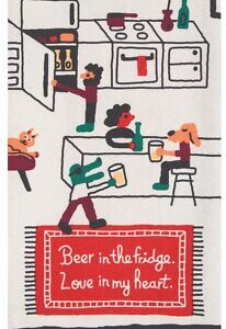 A cartoon-style kitchen scene features people, a dog, and quirky BlueQ details. One grabs beer from the fridge, another sits at the counter, whilst a cat lounges. The Beer Fridge - Dish Towel reads: "Beer in the fridge. Love in my heart. Gate21.ee