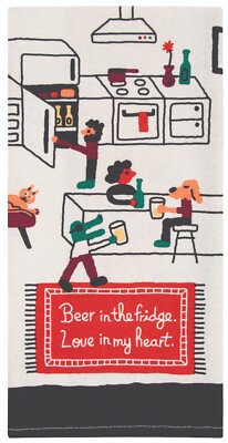 A cartoon-style kitchen scene features people, a dog, and quirky BlueQ details. One grabs beer from the fridge, another sits at the counter, whilst a cat lounges. The Beer Fridge - Dish Towel reads: "Beer in the fridge. Love in my heart. Gate21.ee