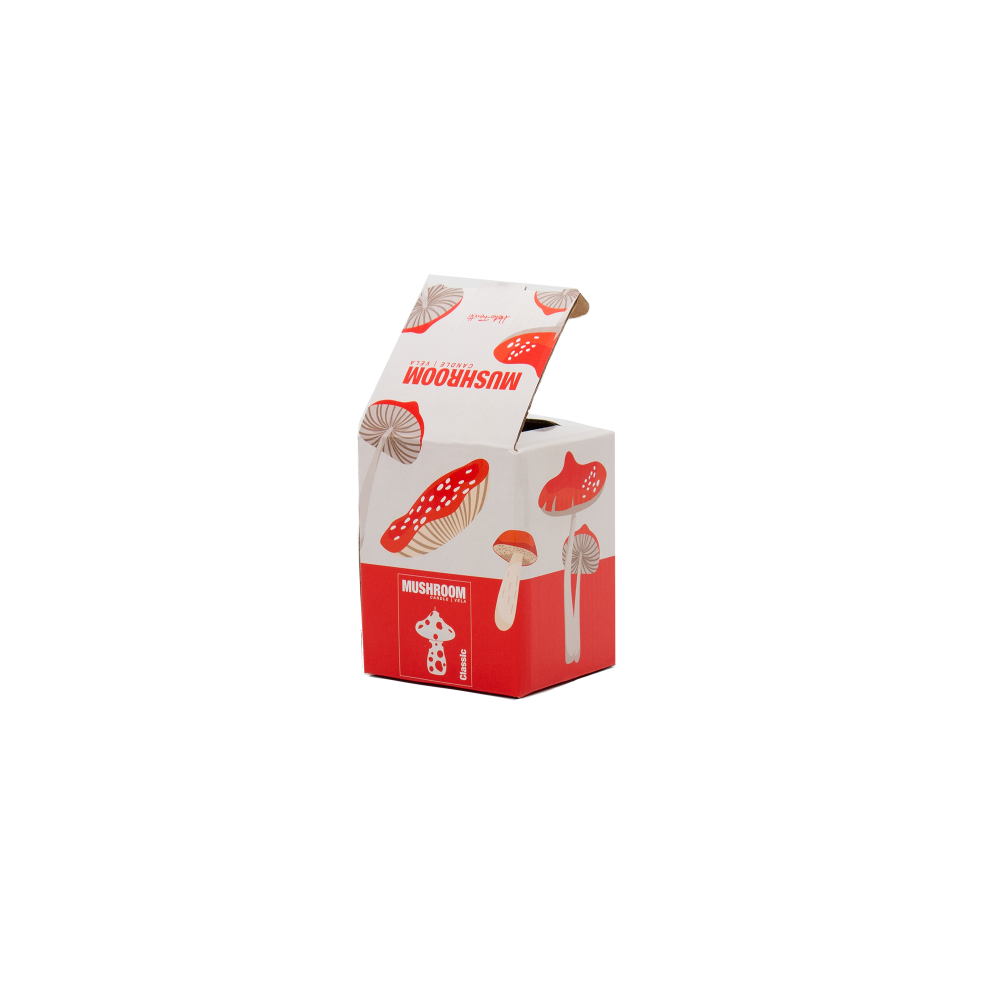 A small, red and white open-top box featuring Estonian design, mushroom illustrations, and "MUSHROOM" text. Contains the Mushroom Candle - White. Perfect for unique finds in Tallinn or concept shops. Plain white background. Gate21.ee