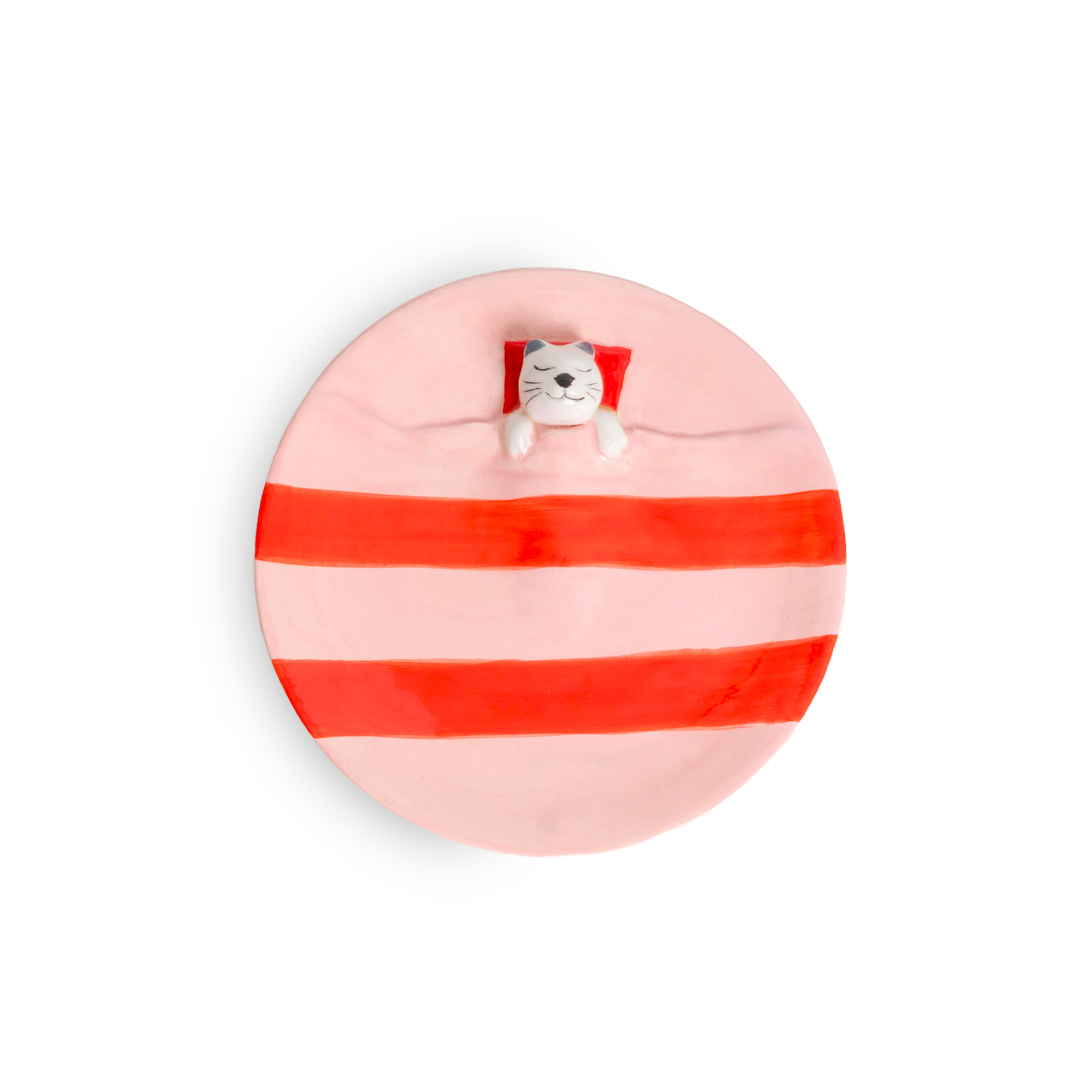 The Pink Dreamer Cat - Jewellery Plate features pink and red stripes with a raised white cat lying on its back, perfect for Tallinn shopping or anyone seeking unique Estonian design ideas. Gate21.ee