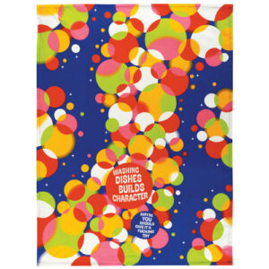 The Washing Dishes - Tea Towel features a bold bubble pattern on dark blue with the cheeky text, "Washing dishes builds character. Maybe you should give it a fucking try." A perfect quirky accent for unique home decor. Gate21.ee