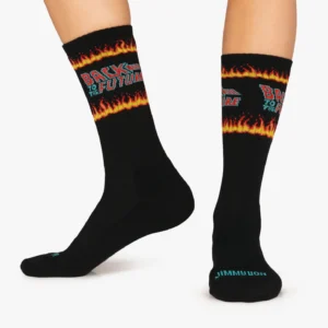 Back to the Future - Athletic: Black socks featuring a flaming border around Back to the Future text at the top and blue JIMMY LION branding on the toes—a bold, quirky choice for Tallinn shopping or your go-to concept shop. Gate21.ee