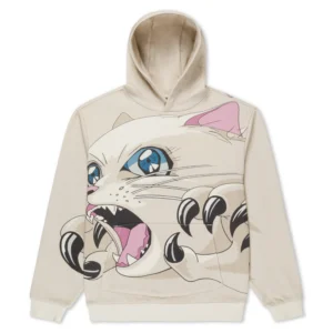 The Metal Claw hoodie - Bone is a beige hooded jumper showcasing a bold animated cat with blue eyes, pink ears, open mouth, and claws in an aggressive pose, inspired by Estonian design—an eye-catching statement piece. Gate21.ee