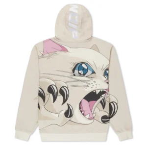 The Metal Claw hoodie - Bone is a beige hoodie with a bold graphic of an animated, wide-eyed white cat baring its teeth and claws, plus "NOTION" in bold white letters on the hood—a standout piece for curated, unique style. Gate21.ee