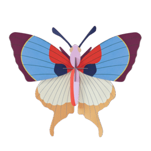 The Plum Fringe Butterfly is a vibrant, stylised butterfly-shaped paper sculpture with blue, purple, red, white, and tan wings—an eye-catching choice for anyone searching for unique creations in a curated gift shop. Gate21.ee