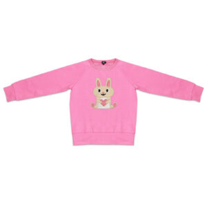 The Kids Love Rabbit pink long-sleeve sweatshirt for children features a smiling bunny holding a pink heart on the front, displayed flat on a white background. Gate21.ee