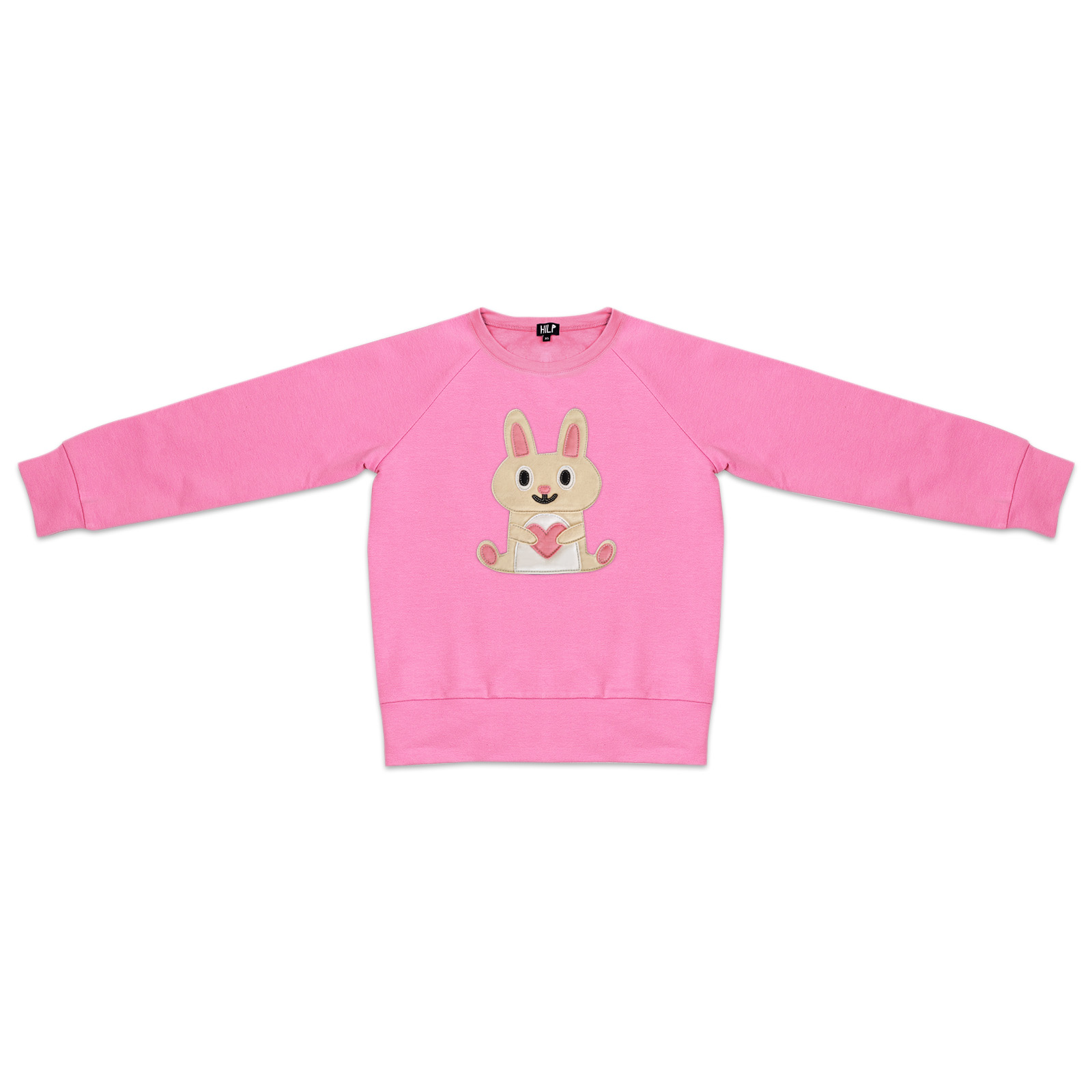 The Kids Love Rabbit pink long-sleeve sweatshirt for children features a smiling bunny holding a pink heart on the front, displayed flat on a white background. Gate21.ee