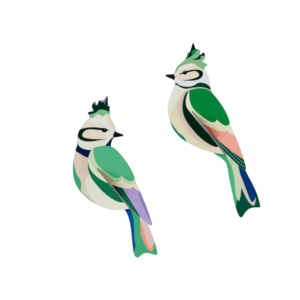 Forest Crests features two illustrated birds with green, cream, and pink feathers facing opposite ways, each with a crest. Ideal for concept shops or gift shops, the design is set on a transparent background for versatile use. Gate21.ee