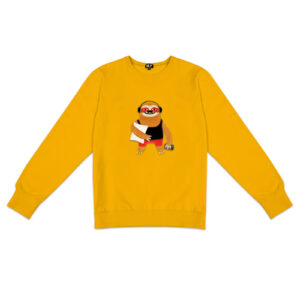The Sloth - Sweatshirt Yellow features a cheerful sloth with red glasses holding a rolled-up paper, inspired by unique ideas and curated Estonian design. Gate21.ee