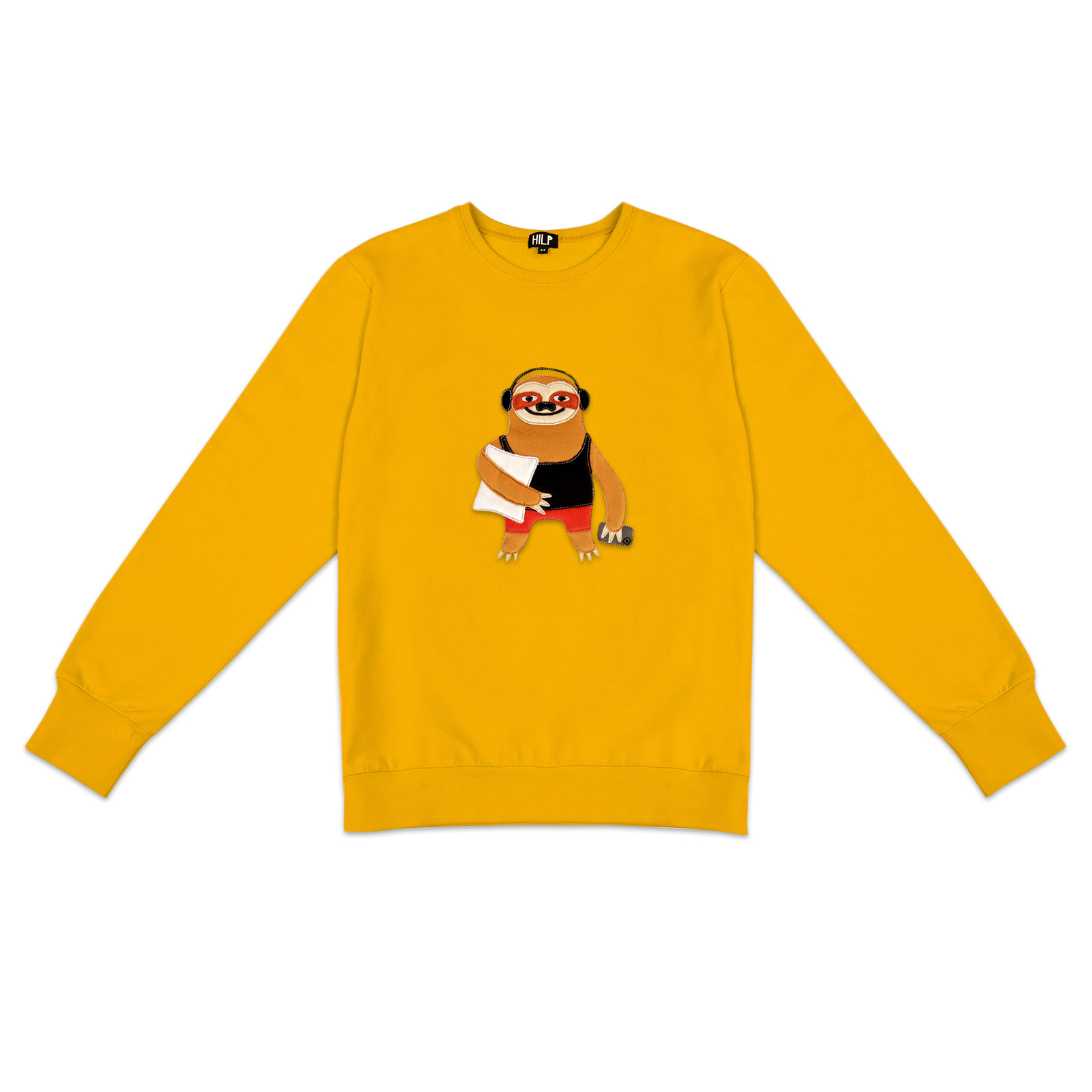 The Sloth - Sweatshirt Yellow features a cheerful sloth with red glasses holding a rolled-up paper, inspired by unique ideas and curated Estonian design. Gate21.ee