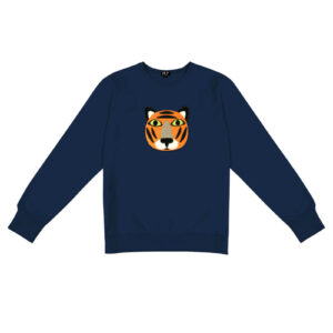 The Tiger - Sweatshirt Blue is a navy blue crew neck with a bold orange tiger face graphic centred on the chest, finished with long sleeves plus ribbed cuffs and hem—ideal for your next Tallinn shopping trip. Gate21.ee
