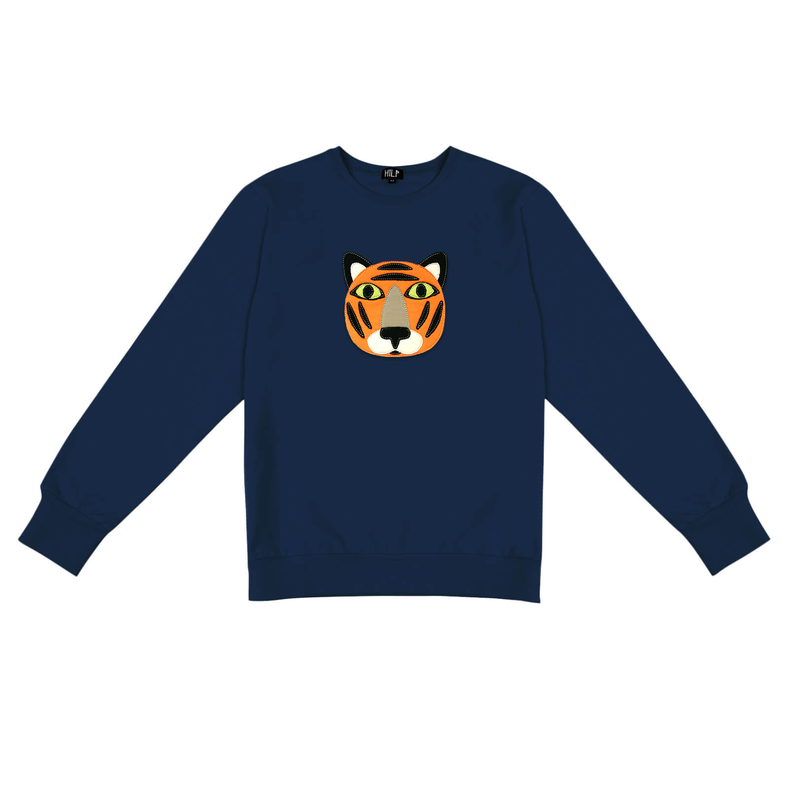The Tiger - Sweatshirt Blue is a navy blue crew neck with a bold orange tiger face graphic centred on the chest, finished with long sleeves plus ribbed cuffs and hem—ideal for your next Tallinn shopping trip. Gate21.ee