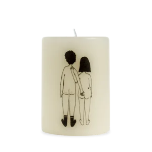 The Back - Candle is a white cylindrical candle with a black line drawing of two nude figures standing side by side, one resting their hand on the other's shoulder and the other on their companion's buttock. Gate21.ee