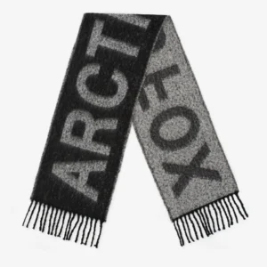 The Arctic Fox Scarf - Monochrome Logo features black and grey colour blocks, bold ARCTIC FOX STOCKHOLM lettering, and fringed edges. Gate21.ee