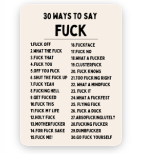 A beige poster titled &ldquo;Fuck - Tea-towels&rdquo; showcases thirty bold and explicit phrases featuring the word fuck, arranged in two columns with striking black typography&mdash;ideal for adding a cheeky twist to your walls or complementing novelty tea towels. Gate21.ee