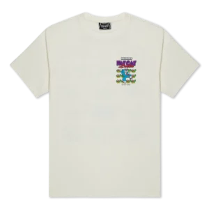 A white short-sleeve t-shirt with a colourful graphic on the left chest area featuring cartoon cats and the text CLIP STUDIO FAT CAT SET GET! in purple, blue, and green lettering. Gate21.ee