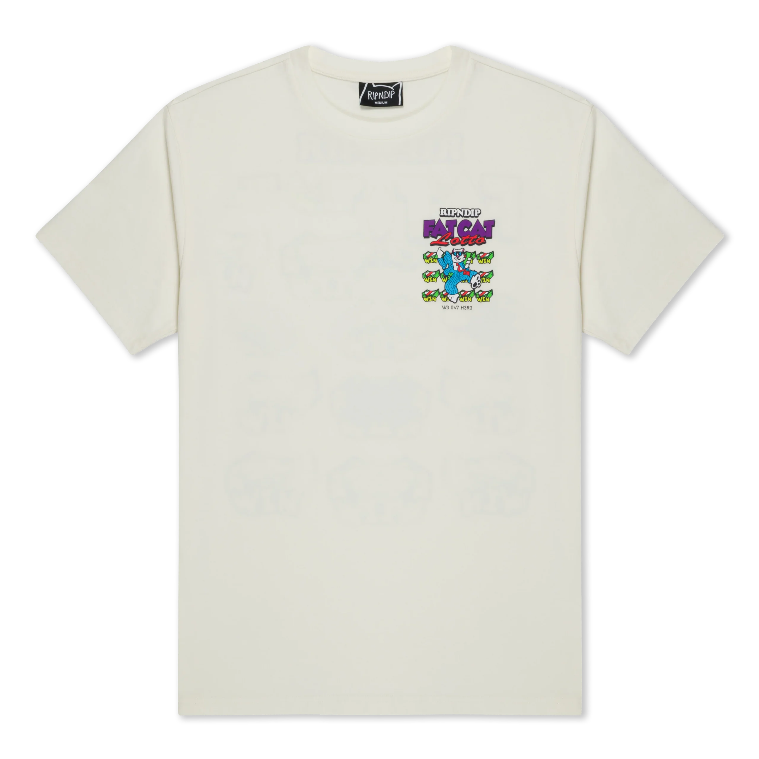 A white short-sleeve t-shirt with a colourful graphic on the left chest area featuring cartoon cats and the text CLIP STUDIO FAT CAT SET GET! in purple, blue, and green lettering. Gate21.ee