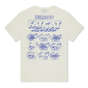 The Fat Cat Tee - Bone is a white tee with blue “RIPNDIP FAT CAT Lotto” graphics and text on the back, plus three rows of scratchcard images—six labelled “WIN,” and three partially scratched. Gate21.ee