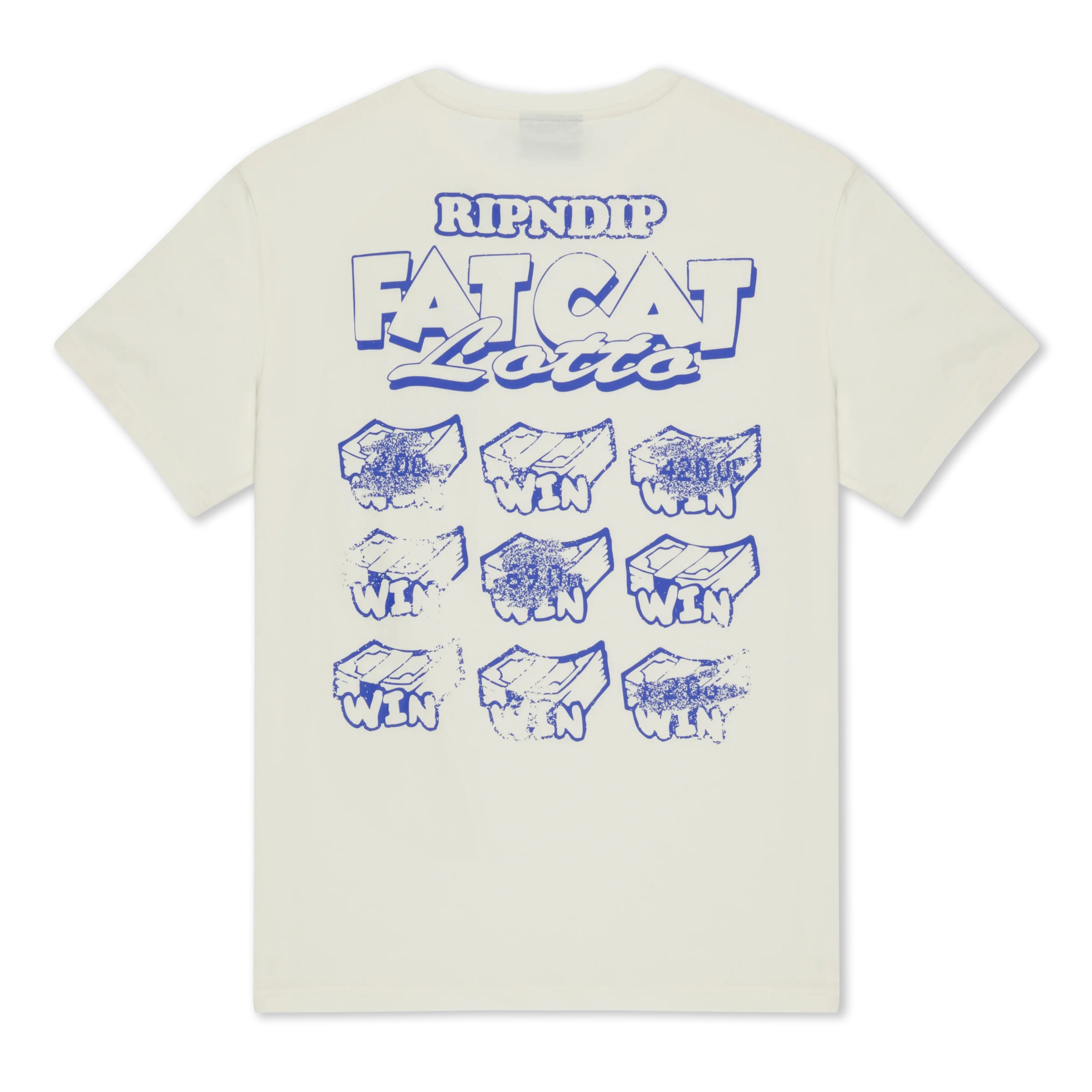 The Fat Cat Tee - Bone is a white tee with blue “RIPNDIP FAT CAT Lotto” graphics and text on the back, plus three rows of scratchcard images—six labelled “WIN,” and three partially scratched. Gate21.ee