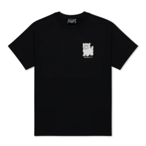 The Pet me I’m cute Tee - Black is a short-sleeved RipnDip T-shirt with a small cartoon white cat and "hopping nice" text on the left chest. Gate21.ee