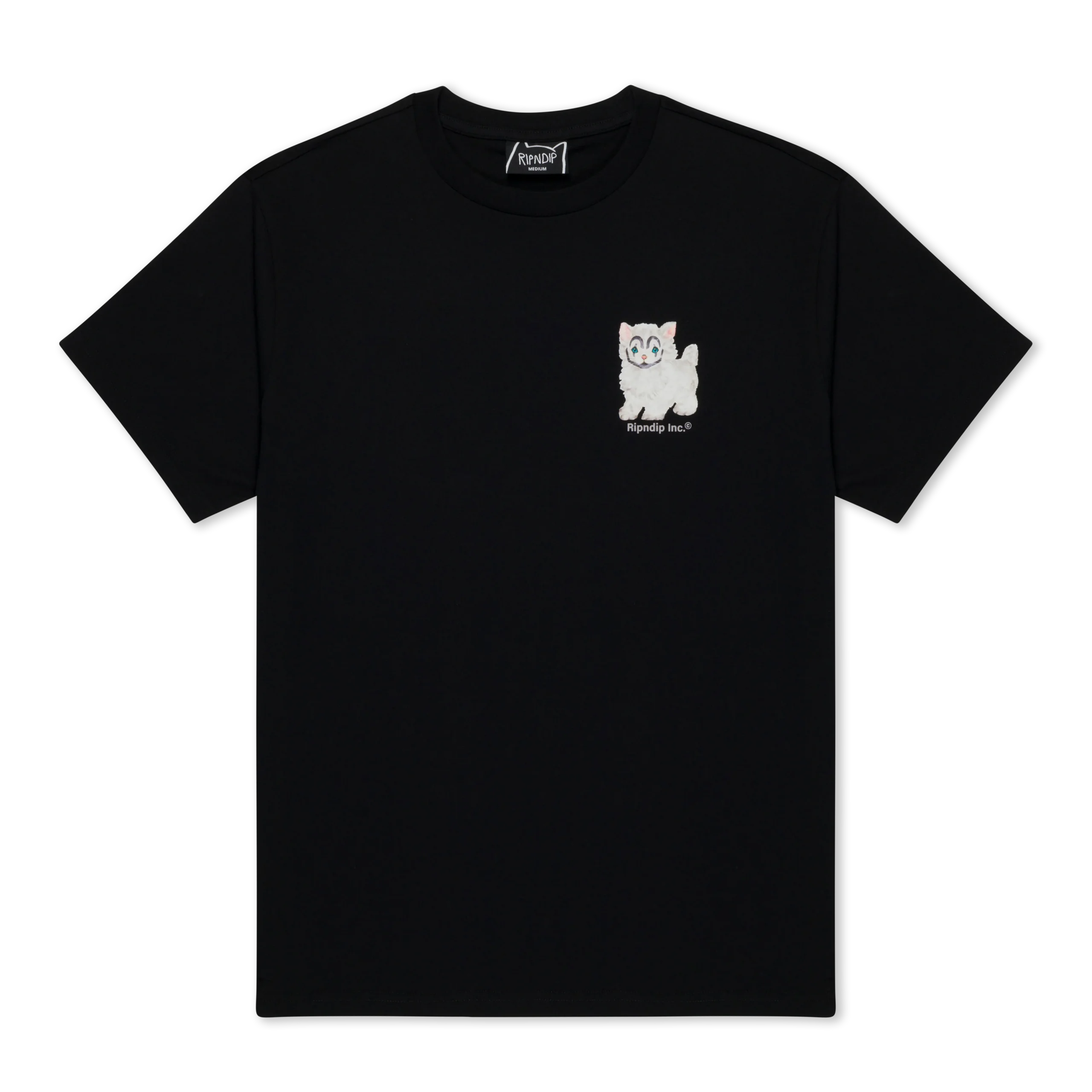 The Pet me I’m cute Tee - Black is a short-sleeved RipnDip T-shirt with a small cartoon white cat and "hopping nice" text on the left chest. Gate21.ee