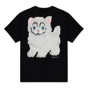 The black "Pet me I’m cute T-shirt" features a large illustration of a fluffy white kitten with blue eyes and dark grey facial markings on the back, plus the text "Ripndip Ltd." near the bottom of the image. Gate21.ee