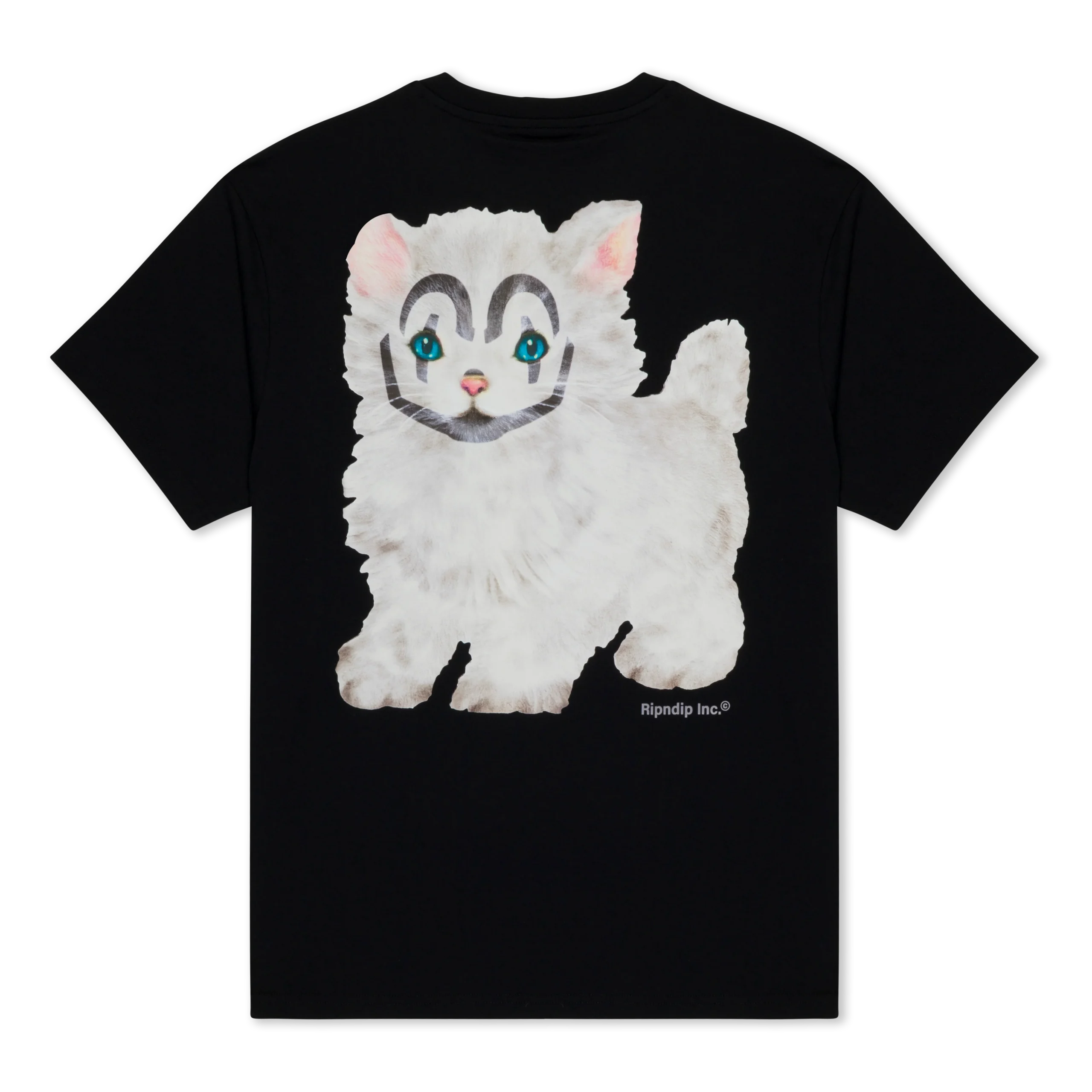 The black "Pet me I’m cute T-shirt" features a large illustration of a fluffy white kitten with blue eyes and dark grey facial markings on the back, plus the text "Ripndip Ltd." near the bottom of the image. Gate21.ee