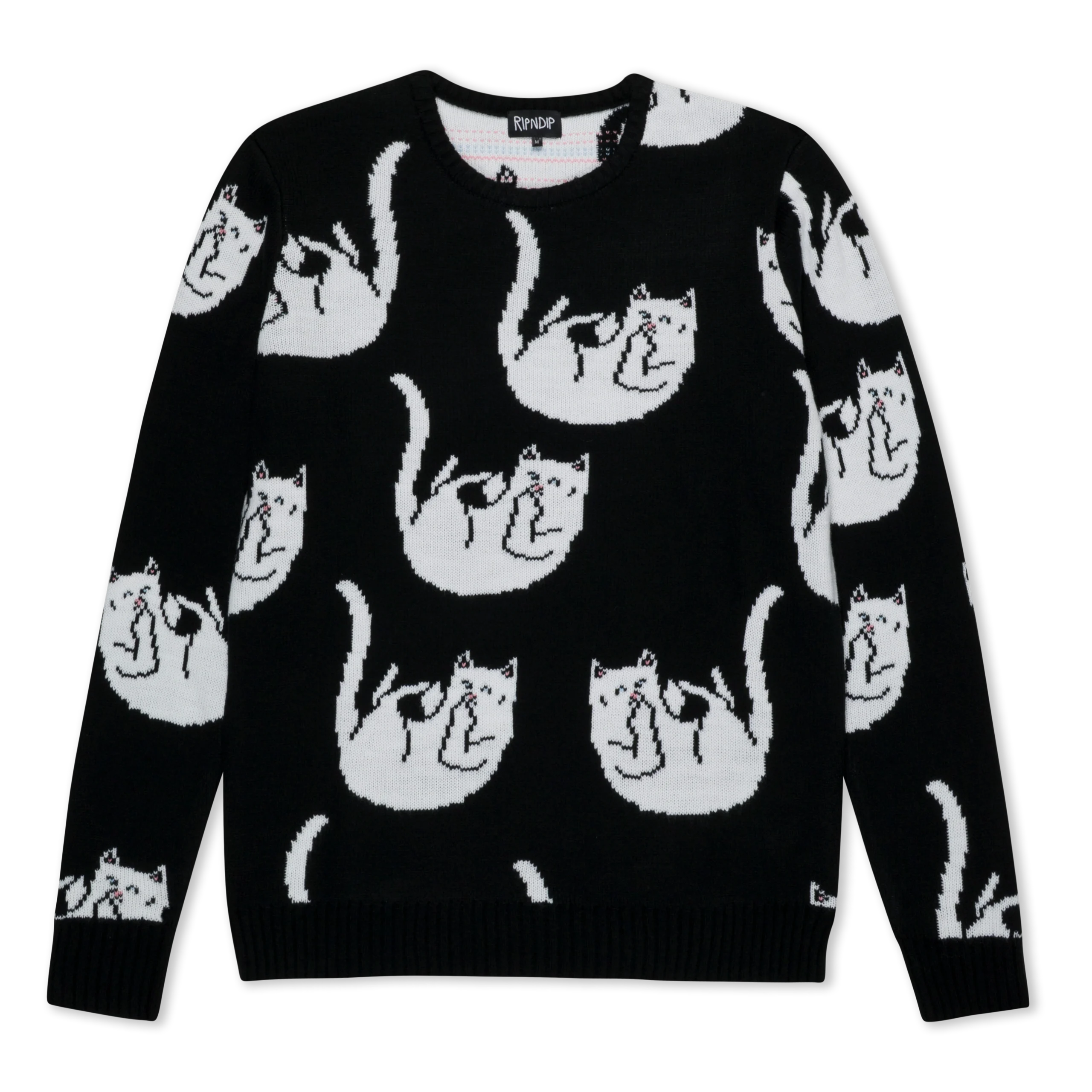 A black knitted jumper featuring a repeating pattern of white cats in various curled positions, each cat with a raised rear paw and visible facial features. The jumper has long sleeves and a crew neckline. Gate21.ee