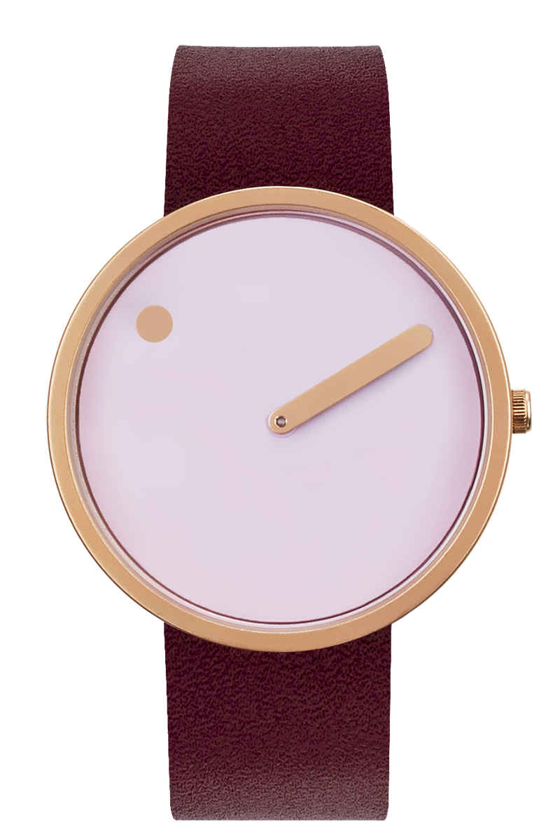 The Dusty Rose Pink / Burgundy / 40mm PICTO watch features a minimalist round gold case, plain white face, single gold hand with a gold dot, and a dark brown leather strap, all without numbers or extra markings. Gate21.ee