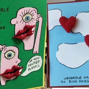 Two handmade cards labelled Wearable Art by Riivo Raiesmaa. The left card shows a stylised face with red lips from reused plastic; the right displays Riivo 3D v&auml;ike k&otilde;rvar&otilde;ngas&mdash;red, heart-shaped earrings on a pastel cloud background. Gate21.ee