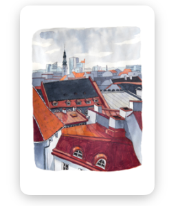 Illustration featured on Fuck - Tea towels: A cityscape with red rooftops, white chimneys, and distant modern buildings beneath a cloudy sky. Above the rooftops, one church spire and several flags appear, capturing the charming scene characteristic of decorative tea towels. Gate21.ee