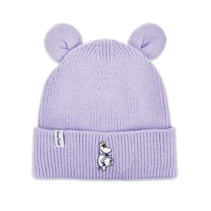 The Moomies Kids Beanie - Purple is a light purple knitted hat with two round ear-shaped tops, a folded brim, and an embroidered cartoon hippopotamus wearing a crown on the front. Gate21.ee