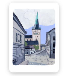 An illustration featured on the “Fuck - Tea-towels” depicts a tranquil street bordered by buildings, leading to a grand church crowned with a tall green spire beneath a blue sky streaked with gentle clouds. The empty, peaceful atmosphere embodies the serene stillness often associated with decorative tea-towels. Gate21.ee